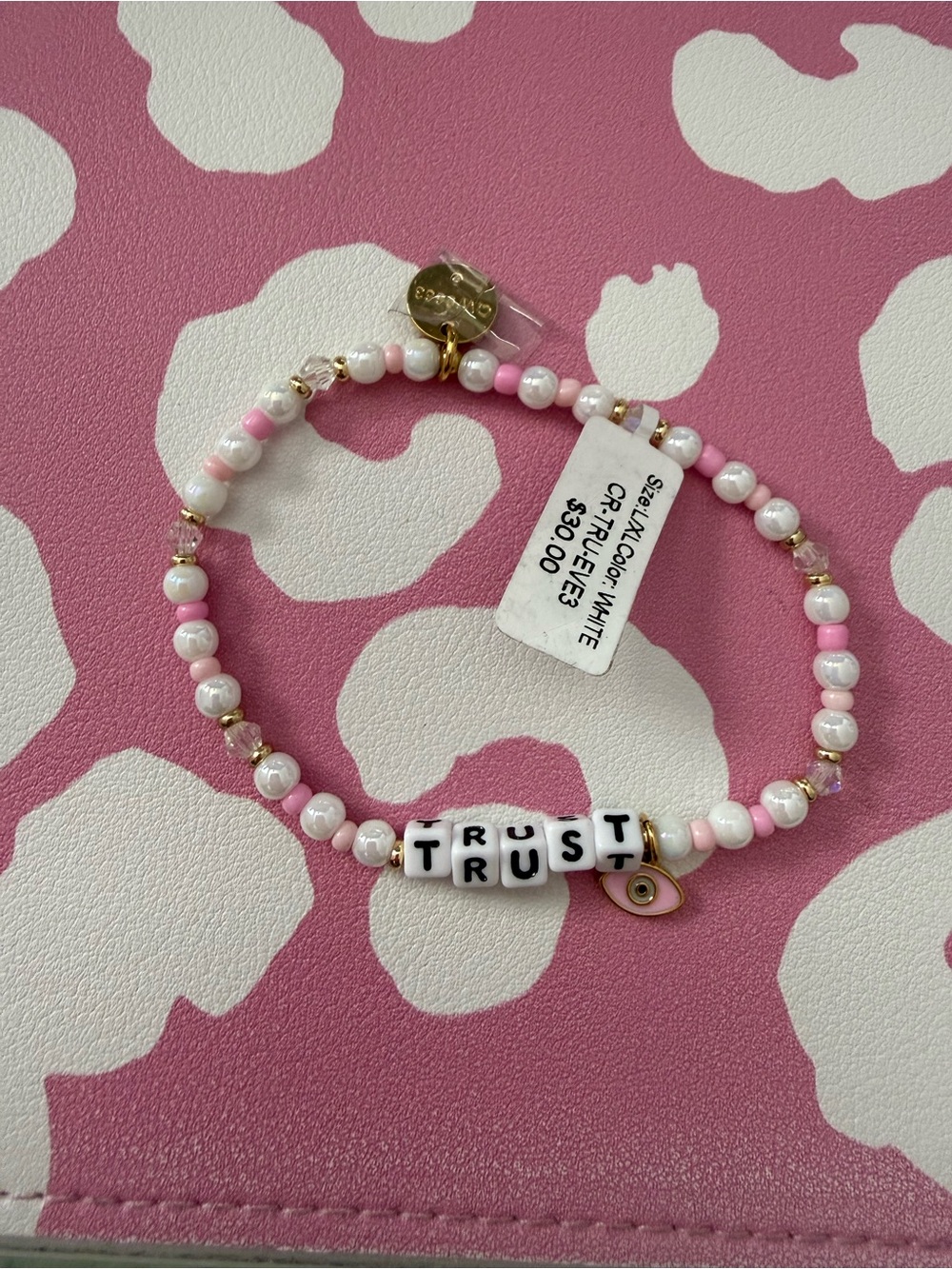 Beaded 'TRUST' Bracelet in Pink & White with Gold Accents